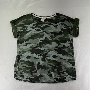 Lucky Brand Short Sleeve Shirt Blouse Cuffed Camo Green Womens Size L